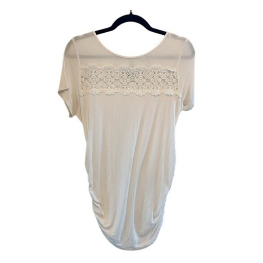 Planet Motherhood Ivory Lace Detail Top Ruched‎ Side Short Sleeve Casual SZ LG